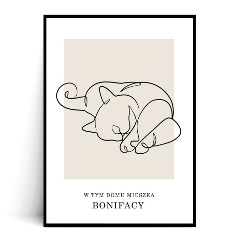 Plakat W TYM DOMU MIESZKA imię kota kolor szary