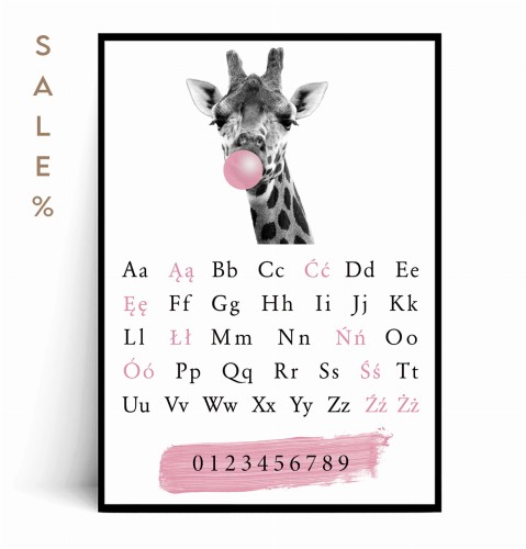 Plakat ALFABET ŻYRAFA różowy A4