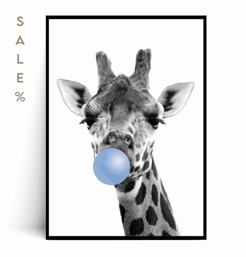 Plakat ŻYRAFA BUBBLE GUM niebieski 50x70