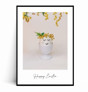 Plakat WESOŁA PISANKA W WIANUSZKU Z ŻÓŁTYMI KWIATAMI Happy Easter