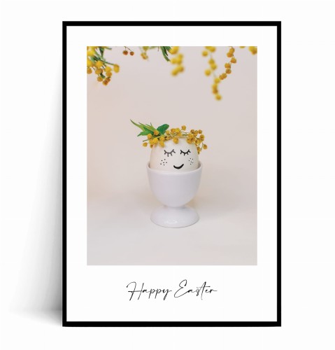 Plakat WESOŁA PISANKA W WIANUSZKU Z ŻÓŁTYMI KWIATAMI Happy Easter