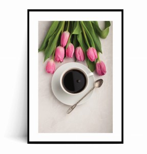 Plakat KAWA I RÓŻOWE TULIPANY 