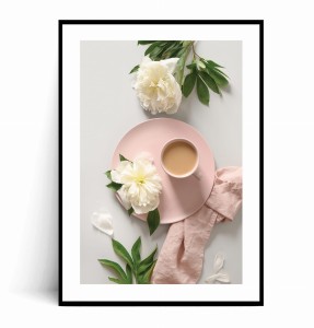 Plakat ROMANTYCZNA FILIŻANKA KAWA I PIWONIE 