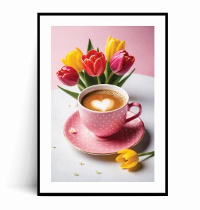 Plakat RÓŻOWA FILIŻANKA KAWA I TULIPANY no.1