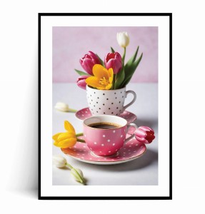 Plakat RÓŻOWA FILIŻANKA KAWA I TULIPANY 