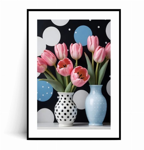 Plakat PASTELOWE RÓŻOWE TULIPANY W WAZONIE W KROPKI z marginesem.jpg