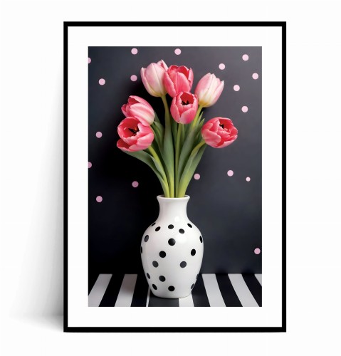 Plakat RÓŻOWE TULIPANY W WAZONIE W KROPKI z marginesem.jpg