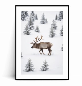 Plakat ZIMOWY JELEŃ I CHOINKI