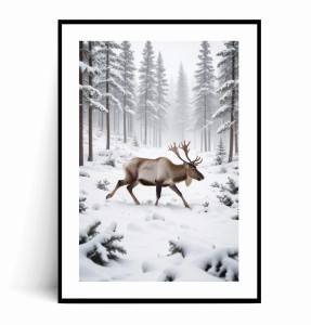 Plakat ZIMOWY RENIFER W LESIE