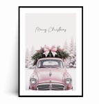 Plakat RÓŻOWY SAMOCHÓD VINTAGE MERRY CHRISTMAS