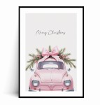 Plakat RÓŻOWY SAMOCHÓD VINTAGE MERRY CHRISTMAS no.1