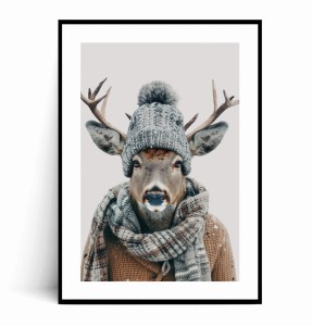 Plakat ZIMOWY JELEŃ W CZAPCE I SZALIKU