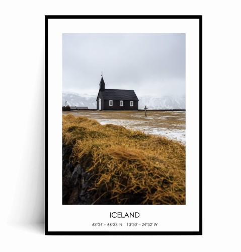 Plakat ISLANDIA Kościół Budakirkja z napisem.jpg