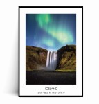 Plakat ISLANDIA Wodospad Skógafoss i zorza polarna