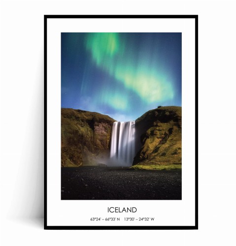 Plakat ISLANDIA Wodospad Skógafoss i zorza polarna z napisem.jpg
