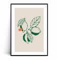 Plakat CYTRYNY Ilustrowany z marginesem Plakat z minimalistyczną ilustracją trzech stylizowanych cytryn z liśćmi, narysowanych ciemnozieloną kreską, z małym pomarańczowym akcentem z napisem "lemon", wszystko na jasnym, beżowym tle.