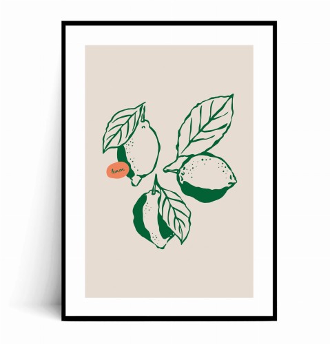 Plakat CYTRYNY Ilustrowany z marginesem Plakat z minimalistyczną ilustracją trzech stylizowanych cytryn z liśćmi, narysowanych ciemnozieloną kreską, z małym pomarańczowym akcentem z napisem "lemon", wszystko na jasnym, beżowym tle.