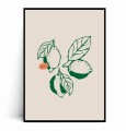 Plakat CYTRYNY Ilustrowany Plakat z minimalistyczną ilustracją trzech stylizowanych cytryn z liśćmi, narysowanych ciemnozieloną kreską, z małym pomarańczowym akcentem z napisem "lemon", wszystko na jasnym, beżowym tle.