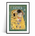 Plakat POCAŁUNEK KLIMTA Love z marginesem arystycznych wzorach. W górnej części widnieje napis "LOVE" na zielonym tle z delikatnymi złotymi elementami.