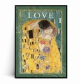 Plakat POCAŁUNEK KLIMTA Love z marginesem arystycznych wzorach. W górnej części widnieje napis LOVE na zielonym tle z delikatnymi złotymi elementami.