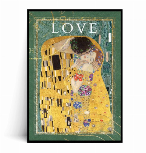 Plakat POCAŁUNEK KLIMTA Love z marginesem arystycznych wzorach. W górnej części widnieje napis LOVE na zielonym tle z delikatnymi złotymi elementami.