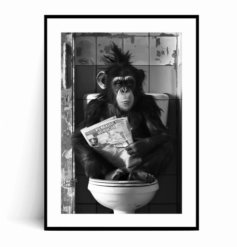 Plakat MAŁPA Z GAZETĄ W TOALECIE WC no.3 czarno biały z marginesem.jpg