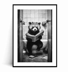 Plakat PANDA RUDA Z GAZETĄ W TOALECIE WC czarno biały