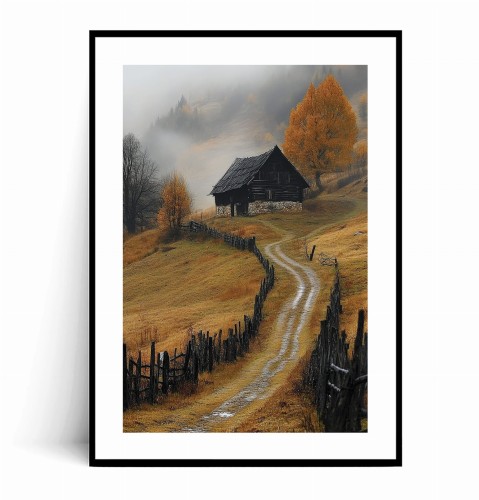 Plakat DREWNIANA JESIENNA CHATKA PRZY DRODZE Z PŁOTEM z marginesem.jpg