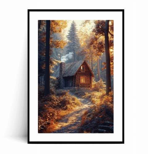 Plakat DREWNIANY DOMEK Z KOMINEM W JESIENNYM LESIE z marginesem.jpg