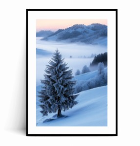 Plakat ZIMOWY GÓRSKI PEJZAŻ Z CHOINKĄ z marginesem