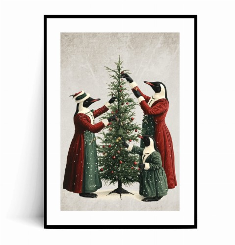 Plakat ŚWIĄTECZNE PINGWINY Z CHOINKĄ Vintage z marginesem.jpg