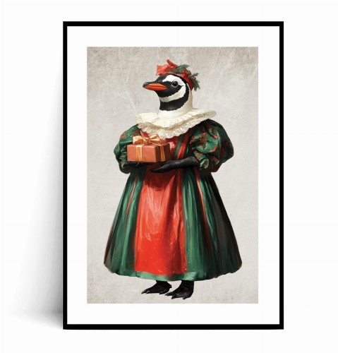 Plakat ŚWIĄTECZNY PINGWIN Z PREZENTEM Vintage z marginesem.jpg