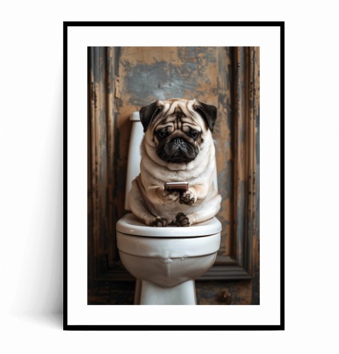 Plakat UROCZY MOPS Z TELEFONEM NA WC kolorowy z marginesem.jpg