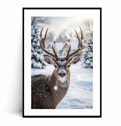 Plakat ZIMOWY JELEŃ NA TLE CHOINEK z marginesem.jpg