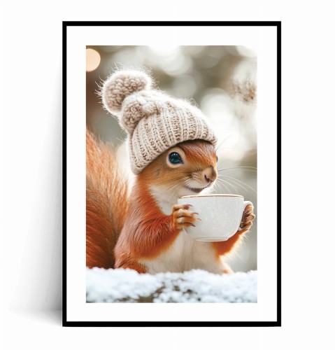 Plakat WIEWIÓRKA W CZAPCE Z FILIŻANKĄ KAWY z marginesem.jpg