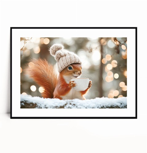 Plakat WIEWIÓRKA W CZAPCE Z FILIŻANKĄ KAWY poziomy z marginesem.jpg