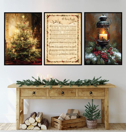Komplet 3 plakatów CHOINKA LAMPION I NUTY Vintage.jpg