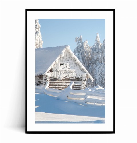 Plakat ZIMOWA DREWNIANA CHATKA W ŚNIEGU z marginesem.jpg