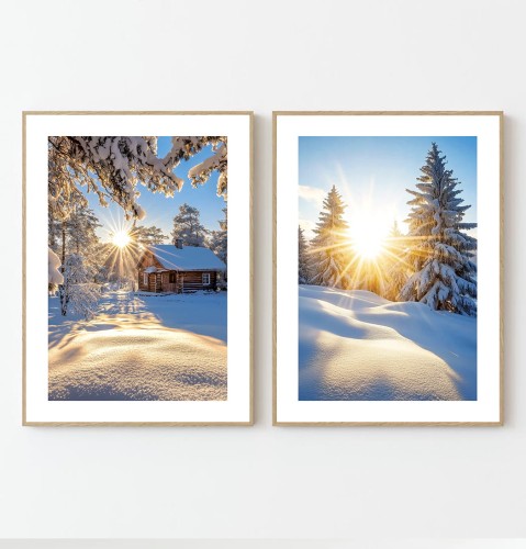 Komplet 2 plakatów ZIMOWA CHATKA I CHOINKI W PROMIENIACH SŁOŃCA z marginesem.jpg