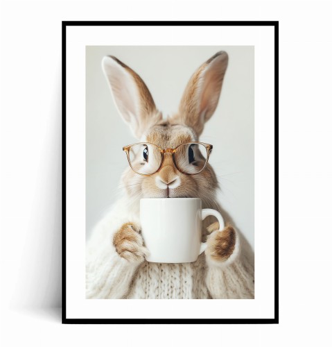 Plakat KRÓLIK W SWETRZE Z KUBKIEM Boho z marginesem.jpg