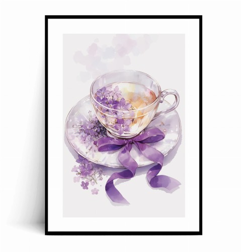 Plakat FILIŻANKA Z FIOLETOWĄ KOKARDĄ I BZEM Ilustrowany z marginesem.jpg