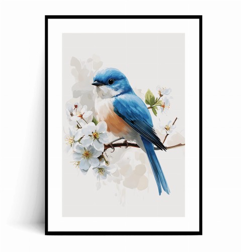 Plakat NIEBIESKI PTASZEK NA WIOSENNEJ GAŁĄZCE z marginesem..jpg