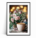 Plakat FILIŻANKA KAWY I KWIATY