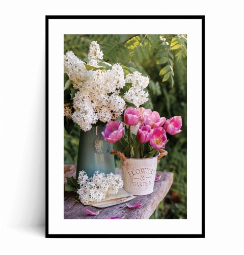Plakat SIELSKA WIOSNA – BUKIET Z BZEM I TULIPANAMI z marginesem