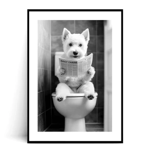 Plakat PIES WEST TERRIER Z GAZETĄ NA WC czarno biały